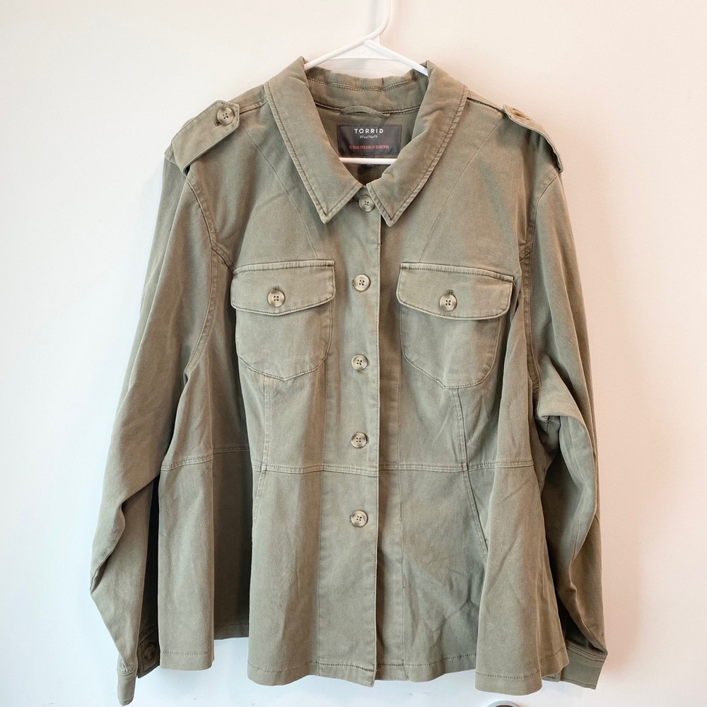 Torrid Jacket Womens 4X Green Utility Military Button Up Stretch Twill Epaulette